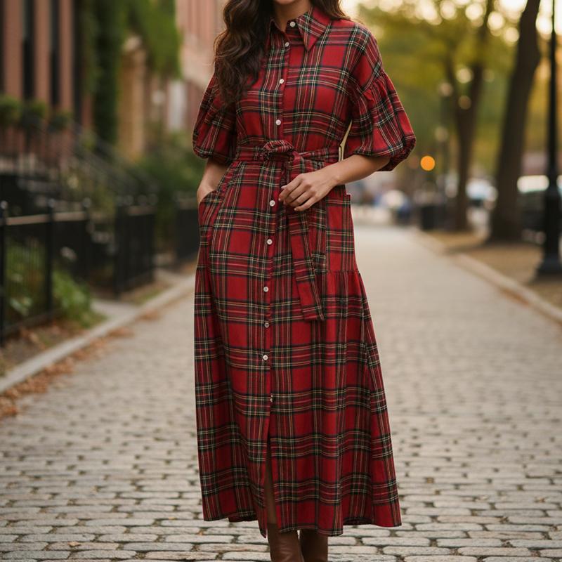 NOLEA Women’s Christmas Plaid Dress – Maxi, Pockets & Belt