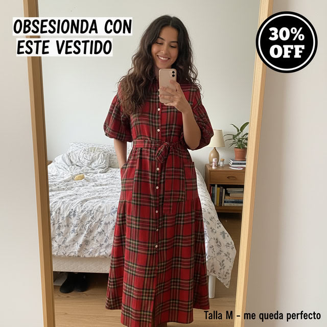 Vestido Navideño de Cuadros Mujer NOLEA – Maxi, Bolsillos y Cinturón
