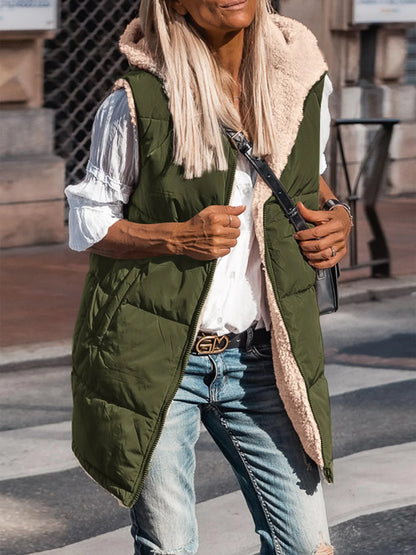 NOLEA Reversible Fleece Vest • Front Zipper • Super Warm, Soft, with Hood and Pockets