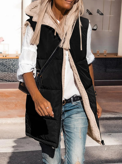 NOLEA Reversible Fleece Vest • Front Zipper • Super Warm, Soft, with Hood and Pockets