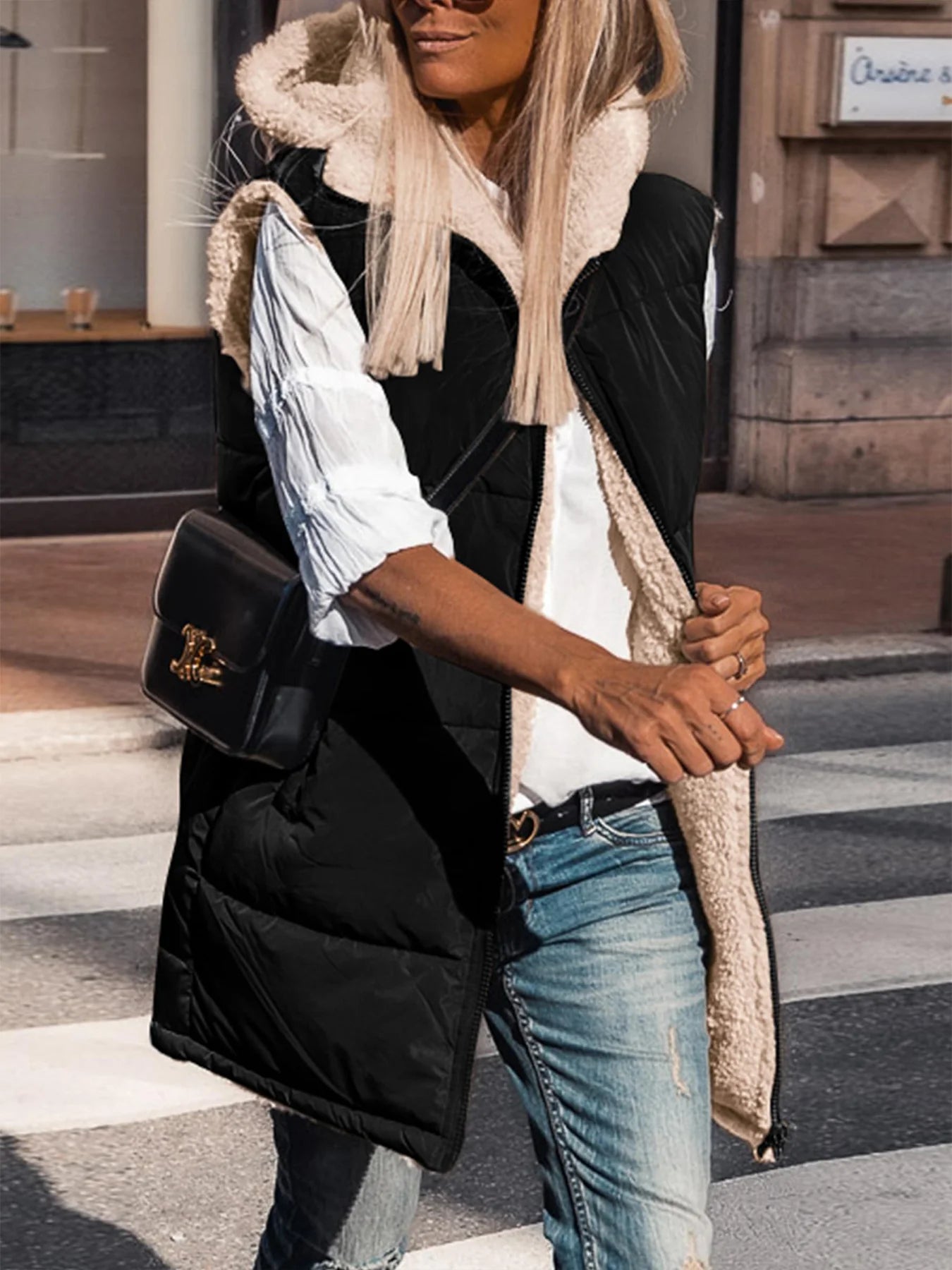 NOLEA Reversible Fleece Vest • Front Zipper • Super Warm, Soft, with Hood and Pockets