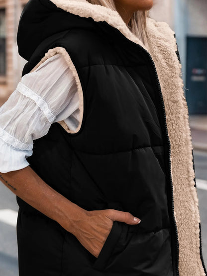 NOLEA Reversible Fleece Vest • Front Zipper • Super Warm, Soft, with Hood and Pockets