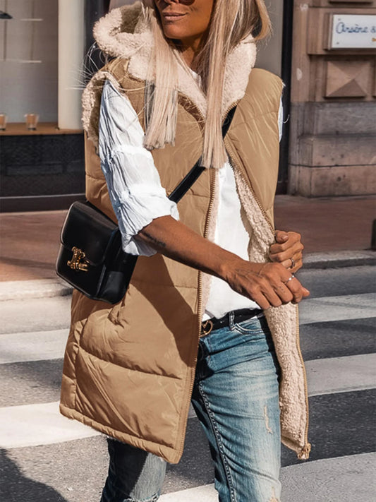 NOLEA Reversible Fleece Vest • Front Zipper • Super Warm, Soft, with Hood and Pockets