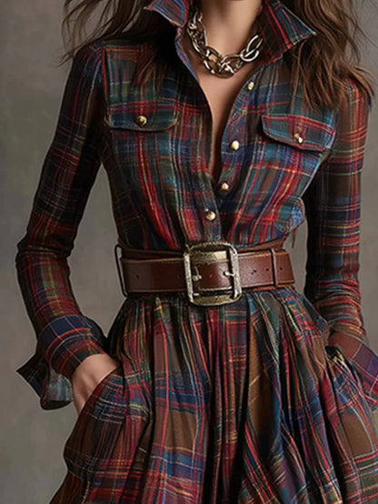 NOLEA Plaid Long Dress with Belt Included