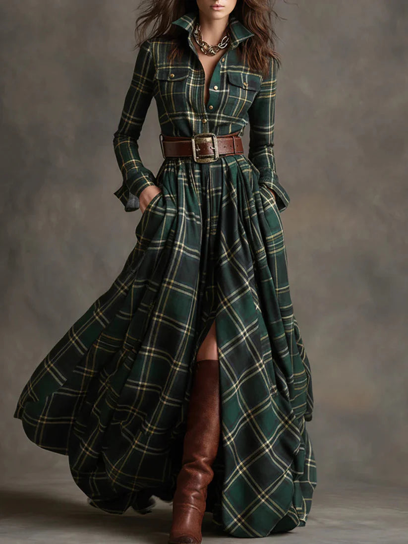NOLEA Plaid Long Dress with Belt Included
