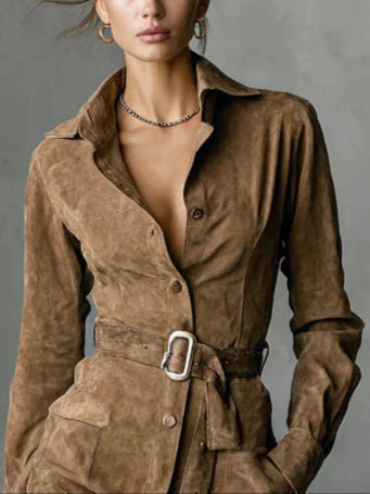 NOLEA – Vestido cruzado moderno de ante sintético