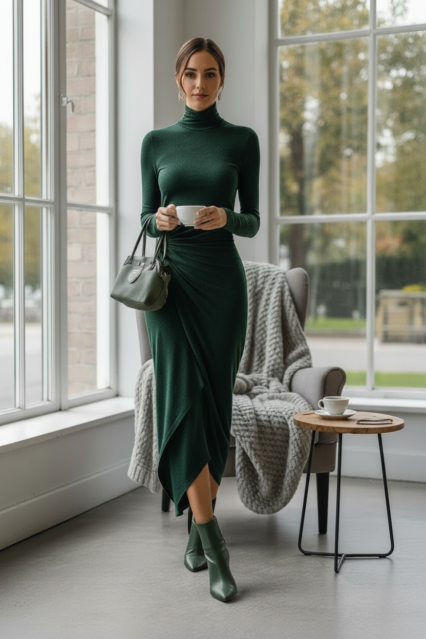 Lenora – Vestido midi verde asimétrico